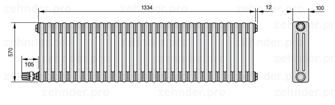 Схема (чертеж) Радиатор Zehnder Charleston 3057/29 №V003 Белый глянцевый RAL 9016